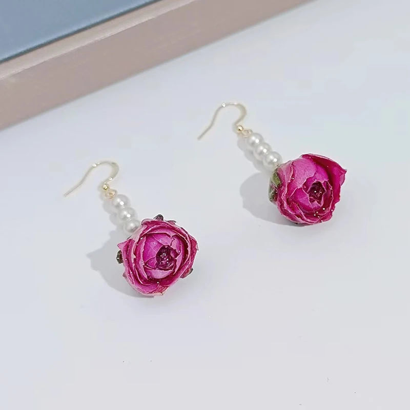 Unique Immortal Flower Earrings Elegant Natural Flower Pearl Drop Earrings Statement Jewelry Epoxy Resin Real Rose Earring 2024