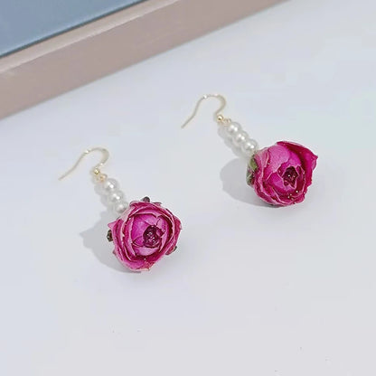 Unique Immortal Flower Earrings Elegant Natural Flower Pearl Drop Earrings Statement Jewelry Epoxy Resin Real Rose Earring 2024