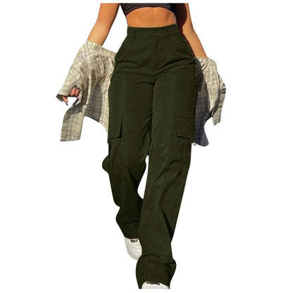Ladies' Street Fashion Multi Pocket Cargo Pants Summer Solid Color Straight Leg Pants High Waist Slimming Loose Fit Cargo Pants