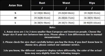 EtherealBe size chart table showing Asian sizes S M L with bust waist hips and notes for two piece floral halter bikini set