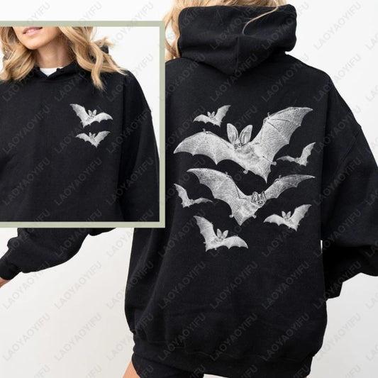 Gothic bat hoodie for women in black featuring a detailed bat print on the back