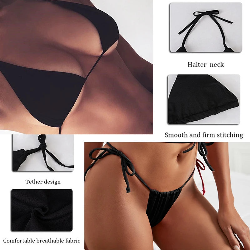 EtherealBe black triangle skull print bikini set collage showing halter neck ties smooth stitching and breathable fabric on model