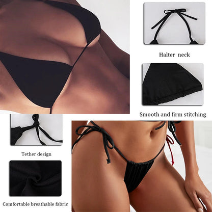 EtherealBe black triangle skull print bikini set collage showing halter neck ties smooth stitching and breathable fabric on model
