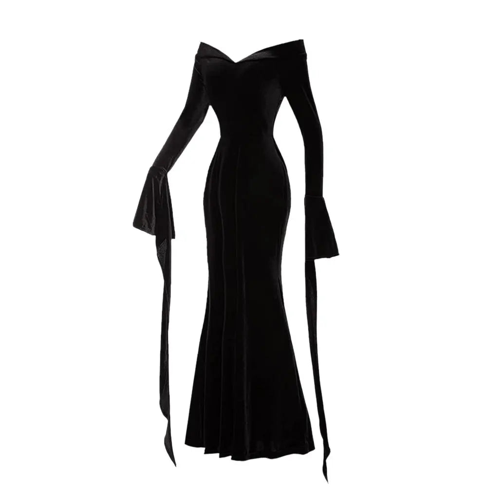 EtherealBe black velvet off shoulder mermaid gown with long trailing sleeves Wednesday Addams cosplay dress for women