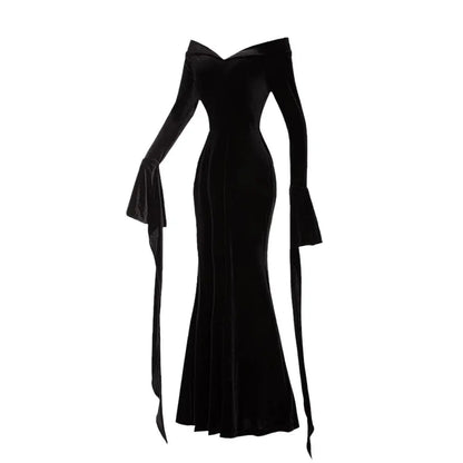 EtherealBe black velvet off shoulder mermaid gown with long trailing sleeves Wednesday Addams cosplay dress for women