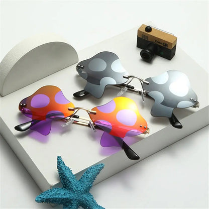Mushroom Shape Sunglasses Irregular Rimless Sun Glasses Trendy Fun Sunglasses for Women Men Halloween Party Cosplay Eyewear