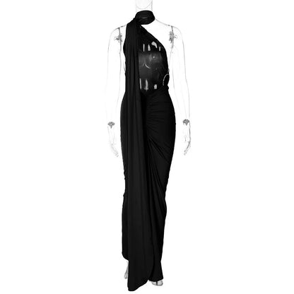 Hugcitar One Shoulder Backless Adjustable Scarf Loop Ruched Sexy Maxi Dress 2025 Women Elegant Y2K Streetwear Festival Outfit