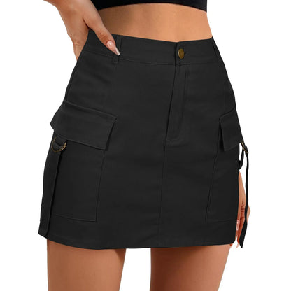 Low Waist Cargo Skirt Women Solid Button Mini Skirt With Pockets Fashion Casual Wrapped Hip A Line Skirt Y2k Girl Streetwear