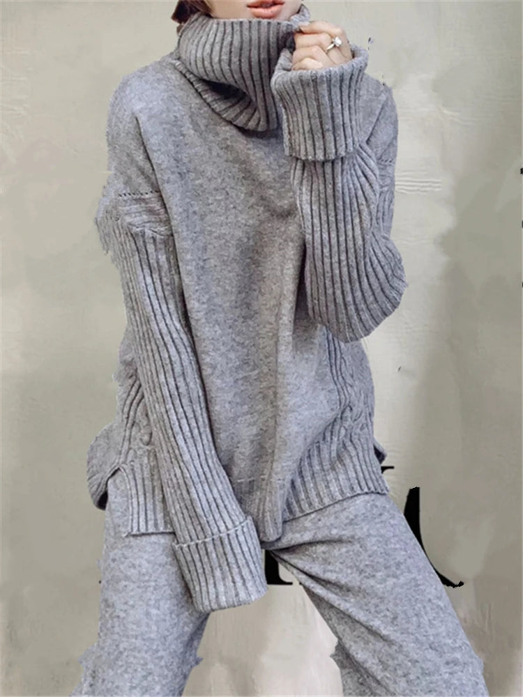Autumn Winter 2 Pieces Women Sets Knitted Tracksuit 2025 New Turtleneck Sweater and Wide Leg Jogging Pant Pullover Suits