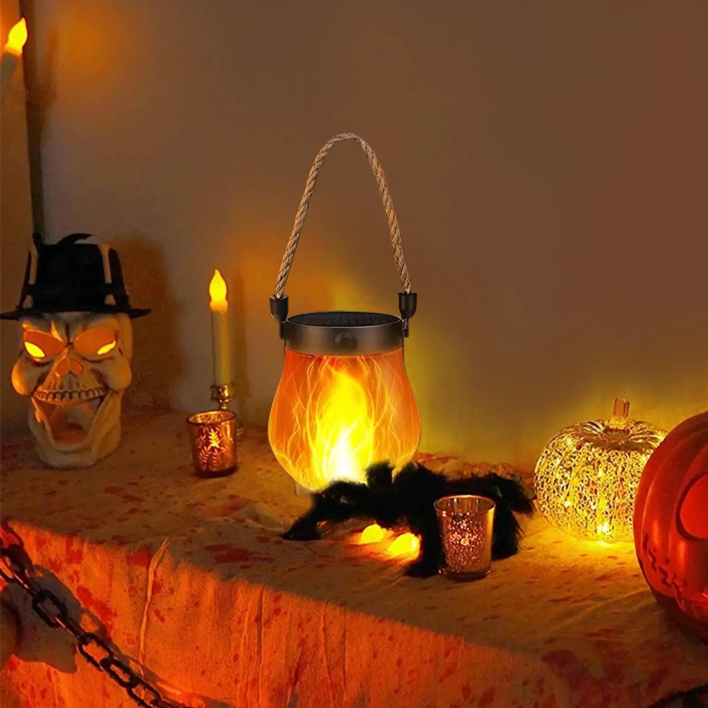 Camping Lamp Solar Flame Lights Garden Lantern Flickering LED Light Decorative Yard Decor with Rope Halloween Party Home Decor