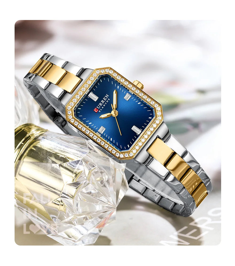 CURREN Luxurious Elegant Women's Watches Classic Rectangular Dial with Rhinestones Luminous Hands Waterproof