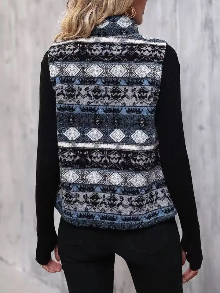 VigoCasey 2025 Casual Print Zipper Thick Vest Coat Woman Sleeveless Warm Plush Waistcoat Lady Autumn Winter Short Vest Jacket