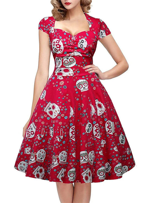 Hepburn Pin Up Rockabilly Vestidos Vintage Gothic Party Dresses Skull Print Swing 50s 60s Dress Women Emo Alt Halloween Clothes