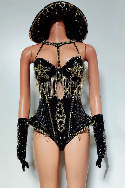 Women Sparkly Rhinestone Red Bodysuit 4Pieces Set Nightclub Party Stage Show Outfit Cabaret Carnival Showgirl Sexy Wear Hongding