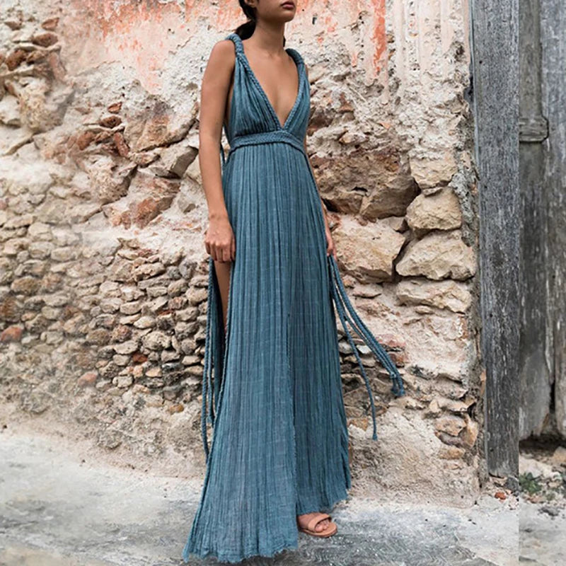 Sexy Deep V-neck Bandage Robe Long Dress 2024 Women Elegant High Waist Split Solid Party Dress Summer Fashion Pleated Maxi Dress
