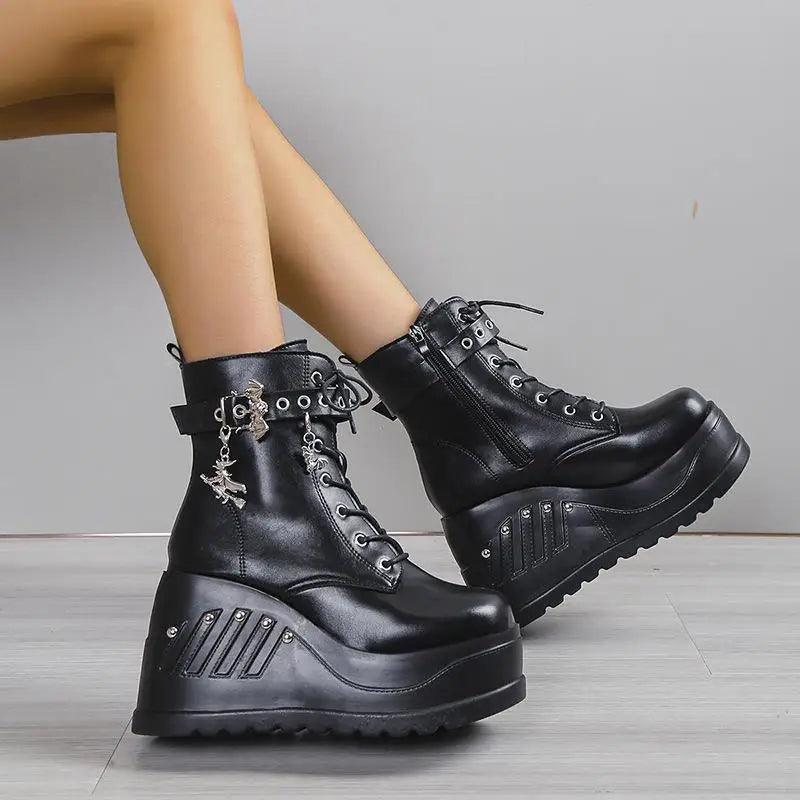 2025 New Boots for Women Fashion Hot Sale Punk Goth Platform Heels Wedge Women's Boots Casual Goth Punk Size 43 Women's Shoes