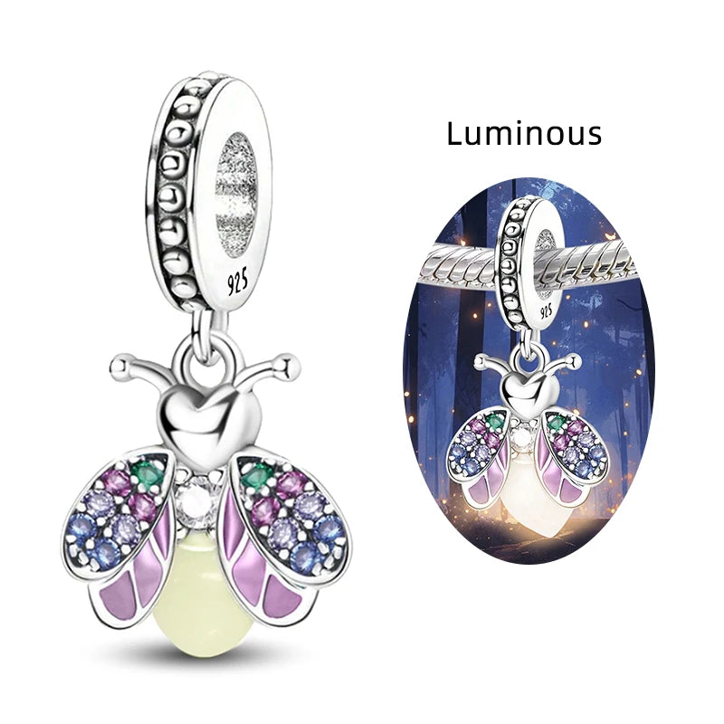 Original 925 Sterling Silver Charms Beads Glowing Luminous Bee Firefly Butterfly Pendant for Bracelet Bangle Charm DIY Jewelry