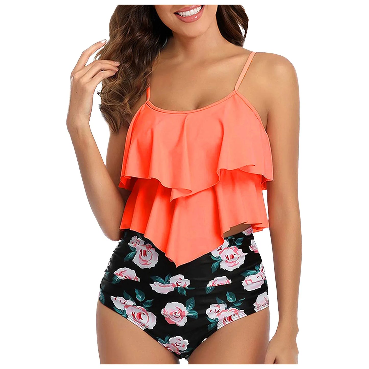 Chic Elegant Bikini Summer Multi-Layer Ruffled Edge Folds Crew Neck Sling Swimwear High Waist Thong Separate Two-Piece Swimsuit