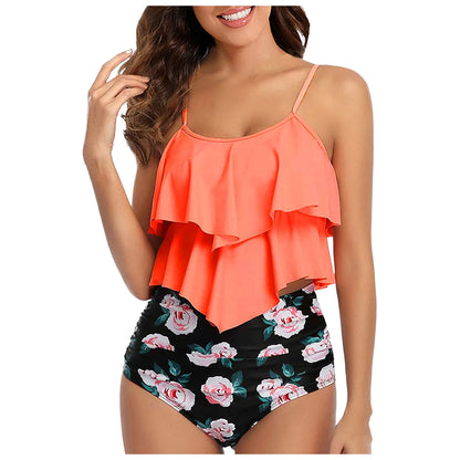 Chic Elegant Bikini Summer Multi-Layer Ruffled Edge Folds Crew Neck Sling Swimwear High Waist Thong Separate Two-Piece Swimsuit