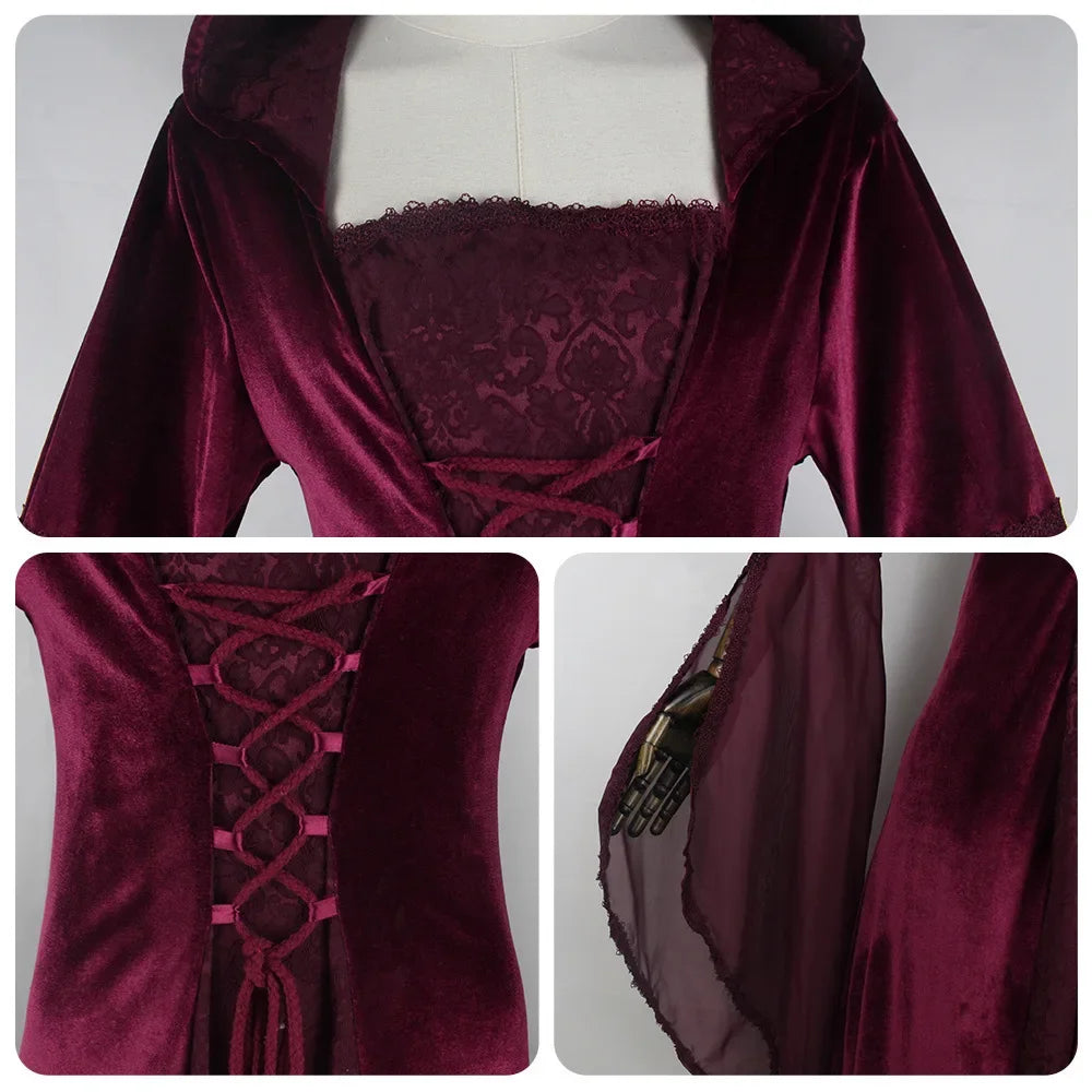 Women Deluxe Witch Dress Medieval Renaissance Maxi Train Dress Halloween Devil Pagan Witch Wedding Cos Costume Hooded Gown Robe