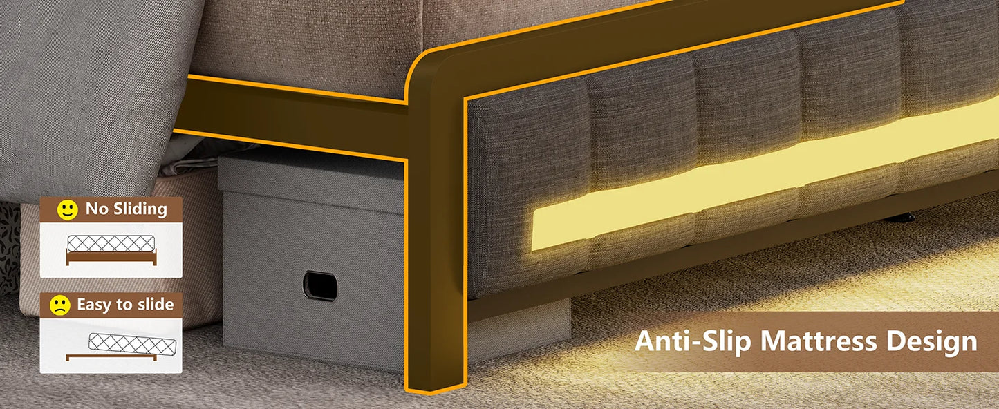 Queen Bed Frame with Storage Bookcase Headboard & LED Lights,Upholstered Bed Frame with USBCharging Station,No Box Spring Needed