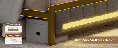 Queen Bed Frame with Storage Bookcase Headboard & LED Lights,Upholstered Bed Frame with USBCharging Station,No Box Spring Needed