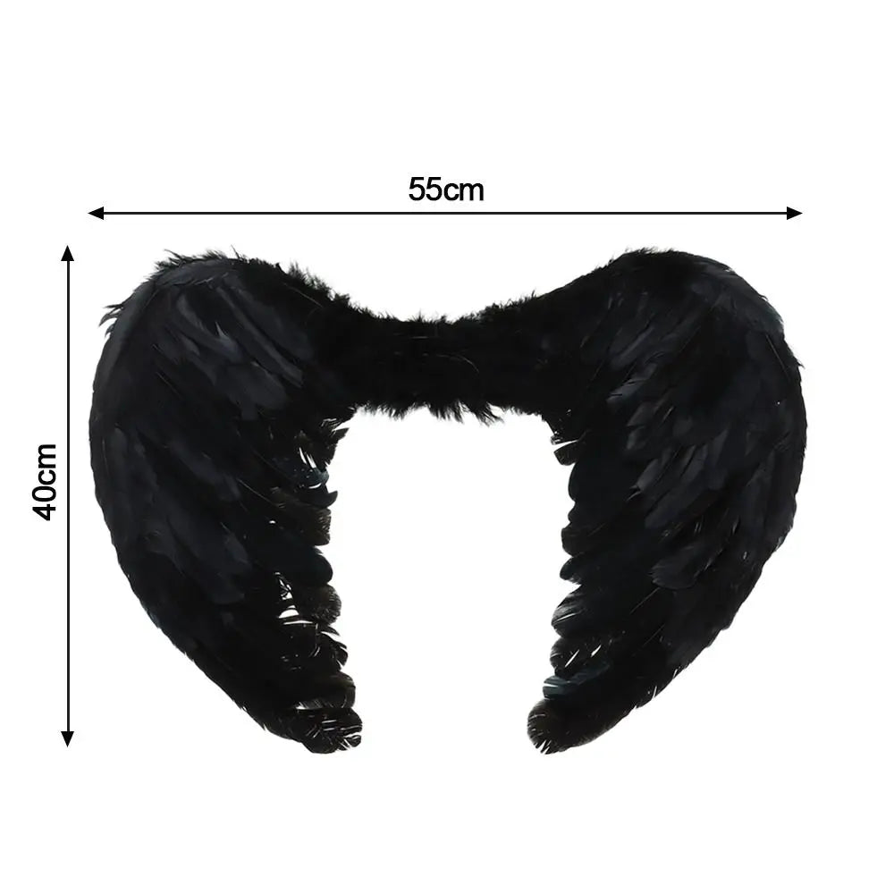 Black angel wings halo costume set with feather detailing for costume parties and Halloween