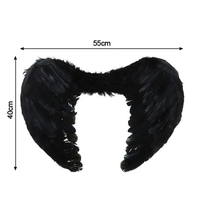 Black angel wings halo costume set with feather detailing for costume parties and Halloween
