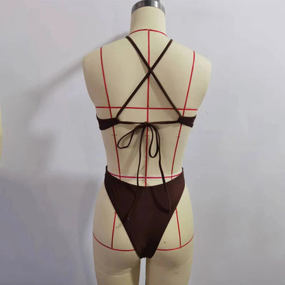 BEACHCICI Women's Bikini One Piece Summer Stylish Sexy Halterneck Solid Cutout Lace Up Backless Slim Beach Holiday Swimwear