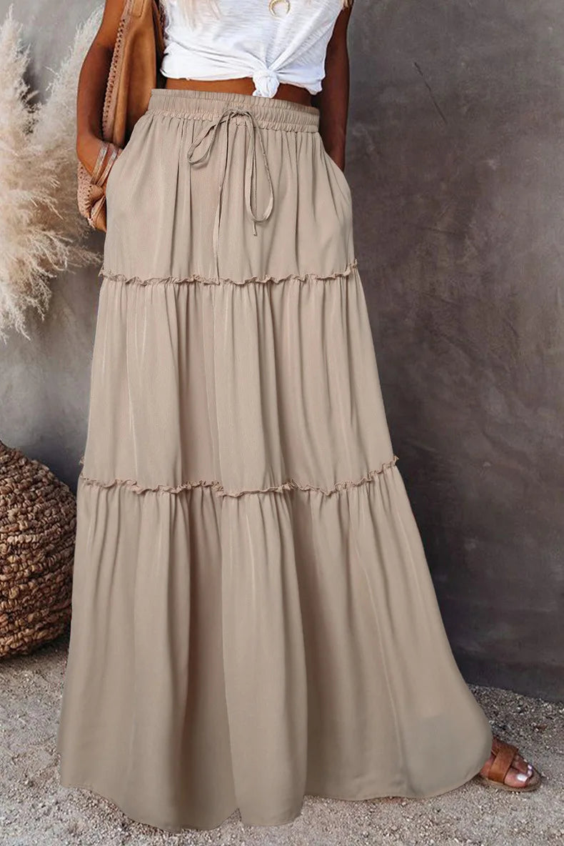 Women's Spring  Autumn New Long Skirt Solid Color Fashionable Mushroom Layered Skirt High Waist Elastic Ruffle Skirt