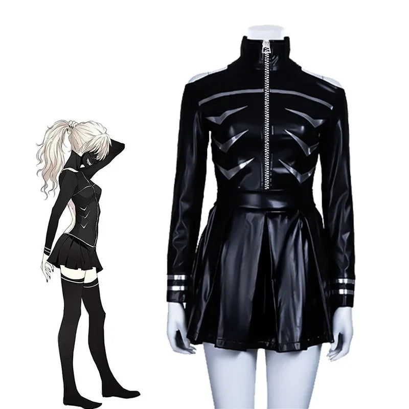 EtherealBe women's cosplay costume black faux leather zip jacket with reflective stripes and pleated mini skirt
