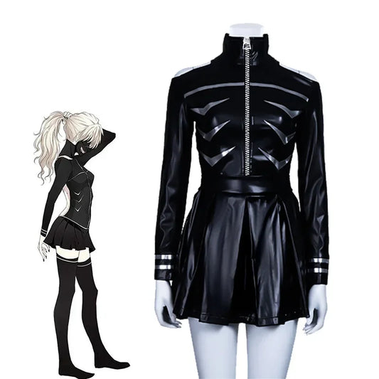 EtherealBe women's cosplay costume black faux leather zip jacket with reflective stripes and pleated mini skirt
