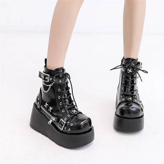 Brand New Ladies Goth Platform Ankle Boots Fashion Buckle Zip Rivet Punk Wedges High Heels Womens Boots Party Street Woman Shoes