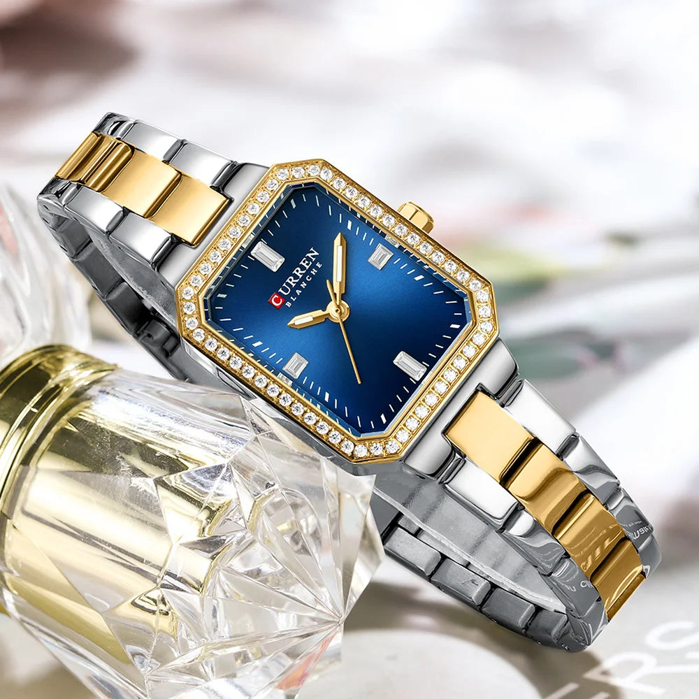 CURREN Luxurious Elegant Women's Watches Classic Rectangular Dial with Rhinestones Luminous Hands Waterproof