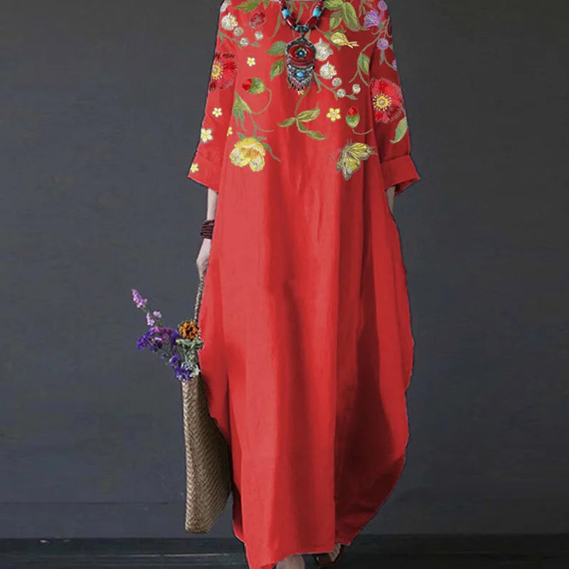 Elegant Boho Loose Swing Maxi Dress Retro Art Print 3/4 Sleeve Pocket Long Dress Casual O-Neck Office Lady Pullover Dress Mujer