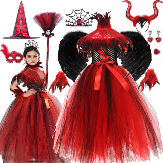 Halloween Vampire Costume for Girls Devil Witch Gothic Puffy Mesh Clothes Demon Vampires Queen Cosplay Carnival Party Dress