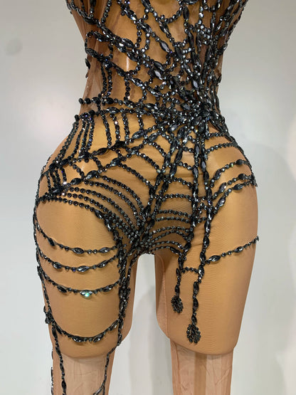 STOCK Sparkly Diamond Women Sexy Mesh Jumpsuit Nightclub Bar Party Show Gogo Dancer Clothing Drag Queen Outfit Stage Costume