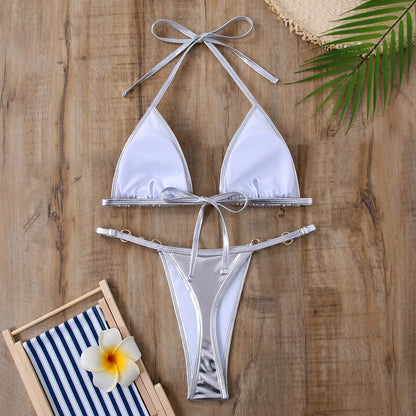 Shiny Pink Micro Bikini 2025 Mujer Women Sexy PU Pearls Push Up Thong Swimsuit Summer Bathing Suit Bandage Holiday Swimwear