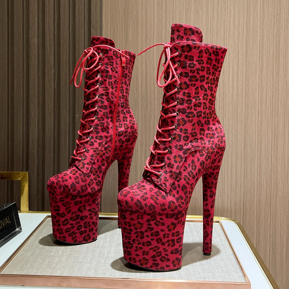 Sexy Fetish Leopard 20cm/8Inch Women's high-heeled Ankle Boots Lace-up Zip Platform Suede Pole Dance Shoes Large Size 44 WESTERN