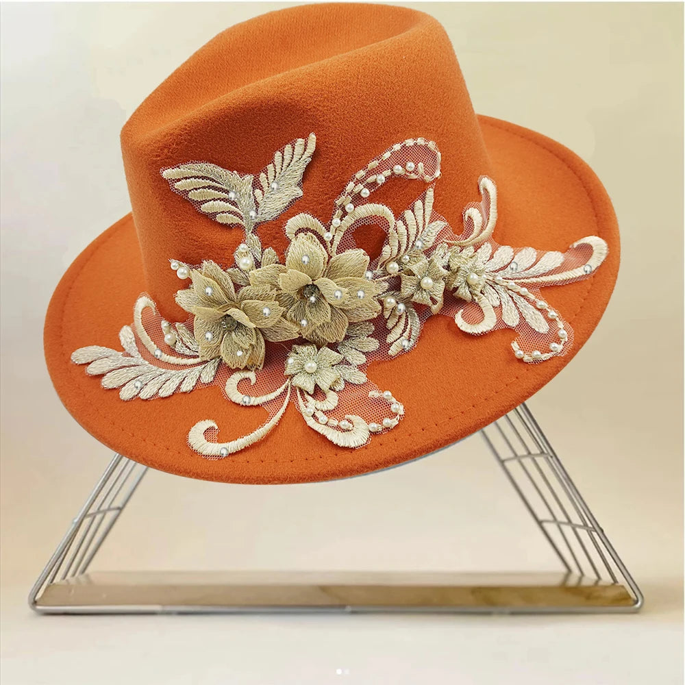 Embroidered three-dimensional flower fedora hat Women's jazz top hat Spring and autumn panama church fashion elegant wedding Hat
