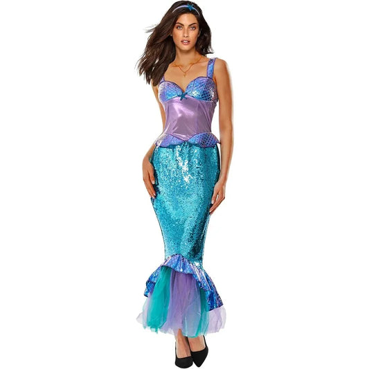 The Mermaid Cosplay Costume for Women Halloween Sea-maid Tail Dress Adult Blue Sequins Skirts Pool Party Ocean Princess Outfit