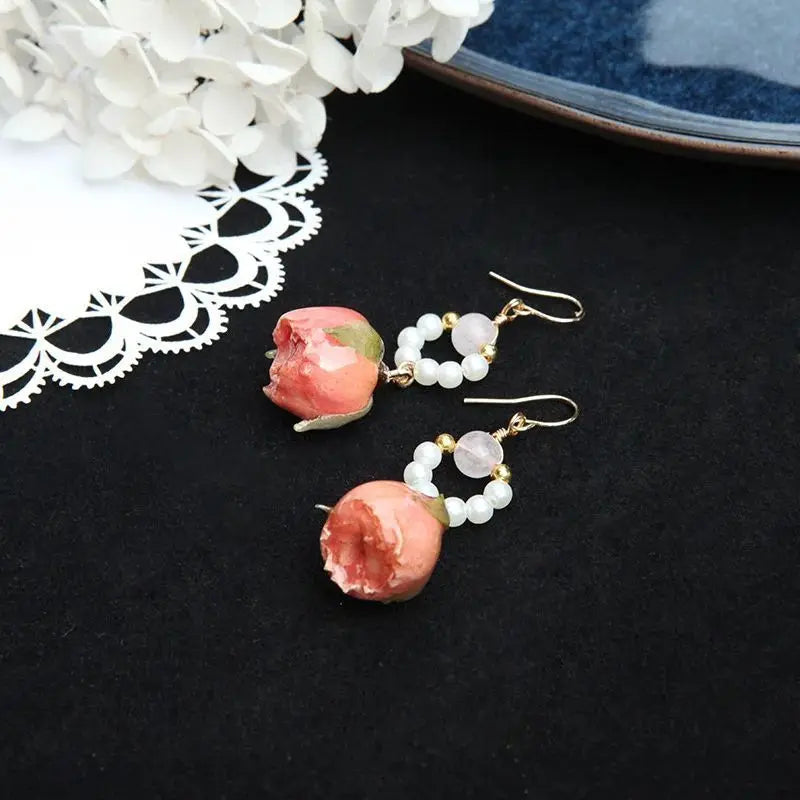 Unique Immortal Flower Earrings Elegant Natural Flower Pearl Drop Earrings Statement Jewelry Epoxy Resin Real Rose Earring 2024