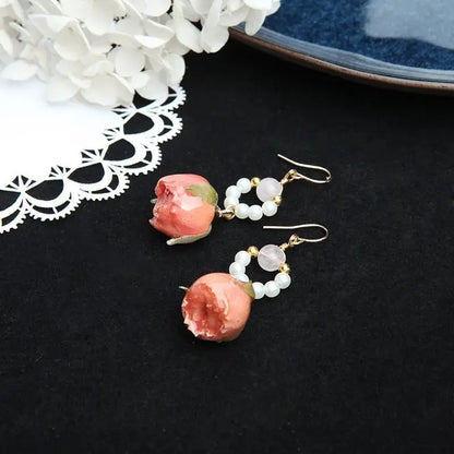 Unique Immortal Flower Earrings Elegant Natural Flower Pearl Drop Earrings Statement Jewelry Epoxy Resin Real Rose Earring 2024
