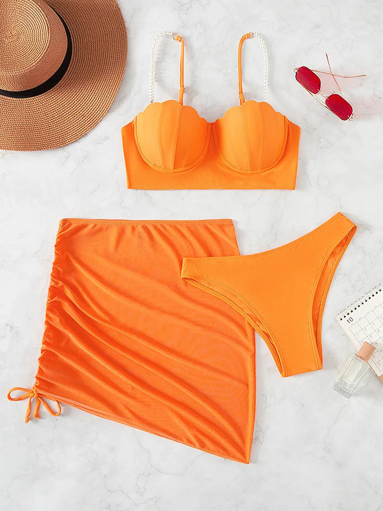 New Swimsuit Women Three Piece Set Solid Blue/Red/Orange/Black Summer Bikini European American Scallop 2024 Swimsuits Wholesale