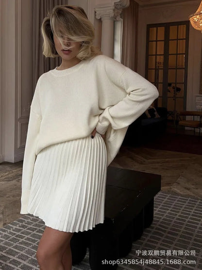 Autumn Solid Color O-neck Sweater Dress Sets Women's Clothing 2024 New Long Sleeves Fishion Style Loose Knitted Short Skirt Set