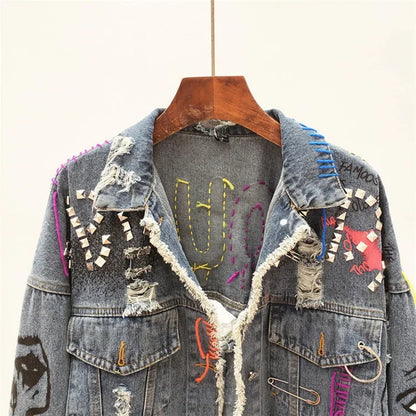 2025 Spring Autumn Women Street Fashion Graffiti Denim Jacket Female Short Frayed Raw Cut Rivet Jacket Fringe Jean Coat Outwear