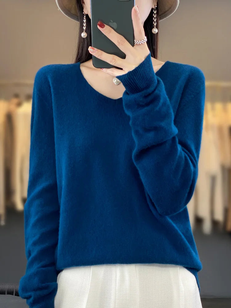 Fashion100% Merino Wool Sweater Cashmere  Pullover Women Knitwear V-Neck Long Sleeve  Autumn Winter Fashion Basic Clothing  Tops