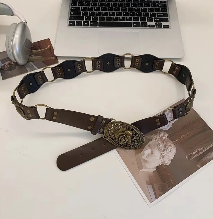 N Retro Ethnic Belt Y2K Bohemian Dress With a Wide Brown Belt