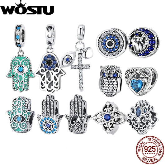 WOSTU 925 Sterling Silver Evil Eyes Charms Fatima Hand Hamsa Vintage Pendants For Women  Heart Beads Fit DIY Bracelets Necklaces