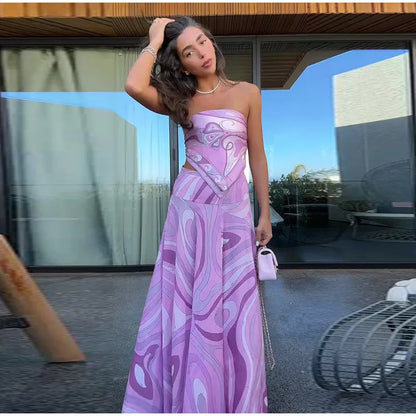 Geometric Print Cape Women's Set Loose Batwing Sleeve Top Flowy Maxi Skirt 2025 Summer Elegant Suit Holiday Fashion Lady Sets